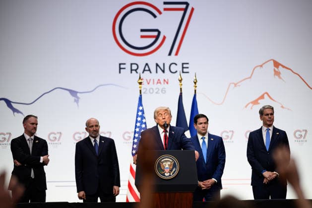 U.S. President Donald Trump (C) is joined by (L-R) U.S. Trade Representative Jamieson Greer, U.S. Commerce Secretary Howard Lutnick, U.S. Secretary of State Marco Rubio and U.S. Treasury Secretary Scott Bessent as he speaks at a press conference during the G7 Leaders Summit on June 17, 2026 in Evian-les-Bains, France. Leaders from the Group of 7 (G7) countries convened in Evian, France, near the Swiss border, for their annual summit to discuss challenges to peace and security for Ukraine and Europe, the situation in the Middle East, and other geopolitical issues  FRN2026061803 ThexWhitexHouse