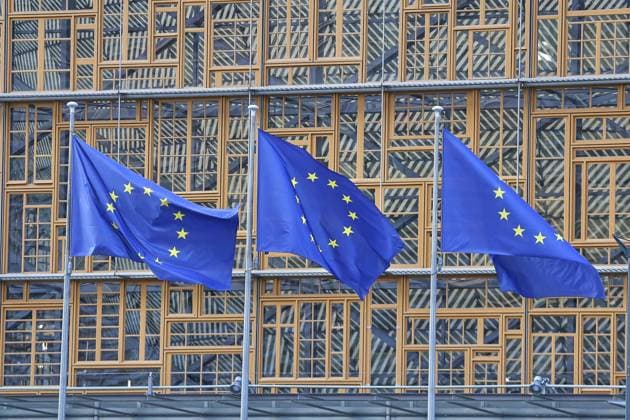 Brüssel, Belgien, 19.06.2026: Europa-Gebäude: EU-Fahnen vor dem Europa-Gebäude *** Brussels, Belgium, June 19, 2026; EU flags in front of the Europa Building,detected_source_language Copyright: xdtsxNachrichtenagenturx dts_124004