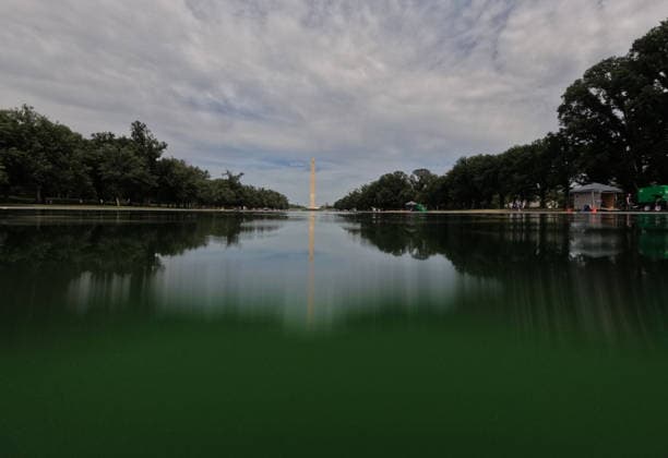 Workers remove algae from the Lincoln Memorial Reflecting Pool in Washington DC, USA. National Park Service (NPS) employees remove green algae from the bottom of the Lincoln Memorial Reflecting Pool in Washington, DC, USA, on June 18, 2026. The NPS is working to control and remove the algae bloom that has turned the pool green following the Trump Administration s recent $14 million repair, resealing, and painting project. Washington USA  Copyright: xMatrixxImagesx xGentxShkullakux
