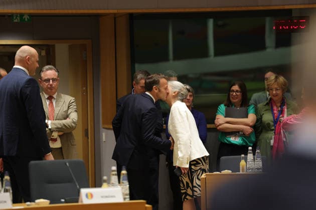 June 19, 2026, Brussels, Belgium, European Union: EMMANUEL MACRON, President of France, greets THERESE BLANCHET, Secretary-General of the Council of the European Union and European Council, on the second and final day of the two-day European Council summit in Brussels. Brussels European Union - ZUMAo116 20260619_znp_o116_011 Copyright: xBiancaxOterox