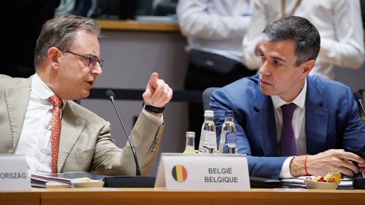 Belgian Prime Minister Bart De Wever and Spanish Prime Minister Pedro Sanchez pictured during a European Council Summit, Friday 19 June 2026, at the Council of the European Union, in Brussels.  BENOITxDOPPAGNE 178234740