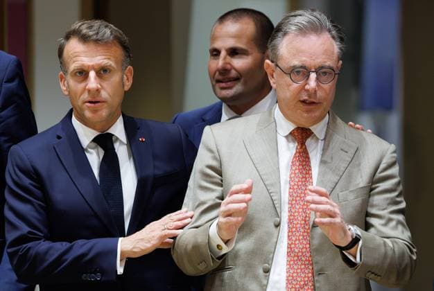 French President Emmanuel Macron, Malta s Prime Minister Robert Abela and Belgian Prime Minister Bart De Wever pictured during a European Council Summit, Friday 19 June 2026, at the Council of the European Union, in Brussels.  BENOITxDOPPAGNE 178235539