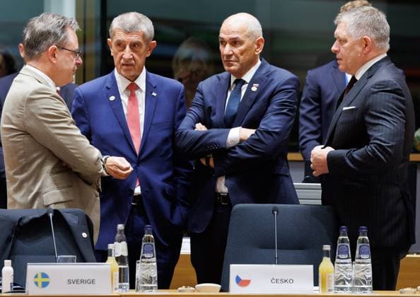 Belgian Prime Minister Bart De Wever, Czech Republic Prime Minister Andrej Babis, Prime Minister of Slovenia Janez Jansa and Slovak Prime Minister Robert Fico pictured during a European Council Summit, Friday 19 June 2026, at the Council of the European Union, in Brussels.  BENOITxDOPPAGNE 178239083