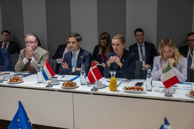BRUSSELS - Prime Minister Rob Jetten, Belgian Prime Minister Bart De Wever, Danish Prime Minister Mette Frederiksen and Italian Prime Minister Giorgia Meloni during the second day of the European Council. The leaders of the EU countries are meeting to discuss, among other things, Ukraine and the Middle East. JONAS ROOSENS ANP netherlands out - belgium out  Copyright: xx x561419948x originalFilename: 561419948.jpg