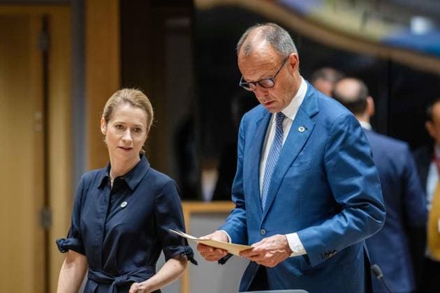 BRUSSELS - European Union High Representative for Foreign Affairs and Security Policy Kaja Kallas and German Chancellor Friedrich Merz during the second day of the European Council. The leaders of the EU countries are meeting to discuss, among other things, Ukraine and the Middle East. JONAS ROOSENS ANP netherlands out - belgium out  Copyright: xx x561422734x originalFilename: 561422734.jpg