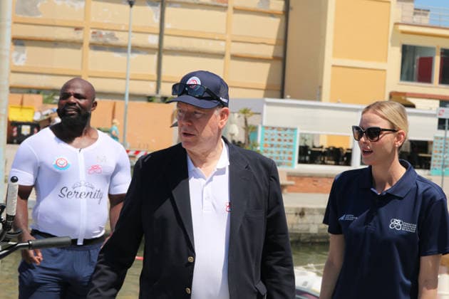IPA85851100 - Viareggio: Prince Albert of Monaco and Princess Charlene at The Crossing, the water bike challenge organized by the Princess s Foundation, which starts in Viareggio and ends in Monaco  Copyright: xIacopoxGianninix xx 85851100