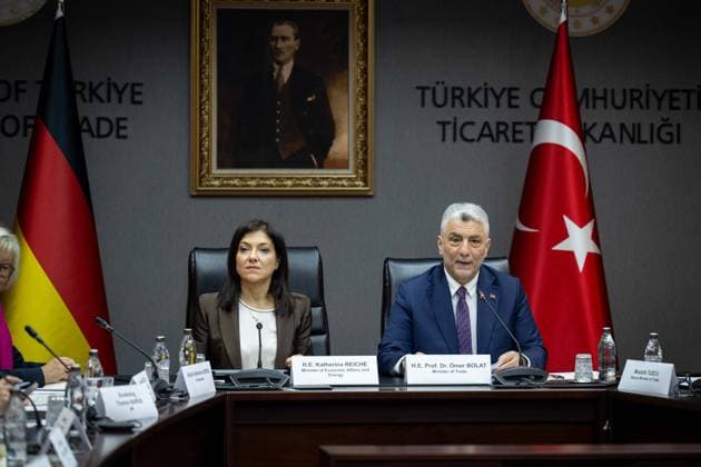 6th Term Meeting of the Turkiye-Germany JETCO held in Ankara ANKARA, TURKIYE - JUNE 19: Turkish Minister of Trade Omer Bolat (R) and German Minister for Economic Affairs and Energy Katherina Reiche (L) attend the 6th Term of the Turkiye-Germany Joint Economic and Trade Commission (JETCO) and roundtable meetings with business representatives from both countries, at the Turkish Ministry of Trade in Ankara, Turkiye, on June 19, 2026. Didem Mente Anadolu Ankara Turkey. Editorial use only. Please get in touch for any other usage.  Copyright: x2026xAnadoluxDidemxMentex