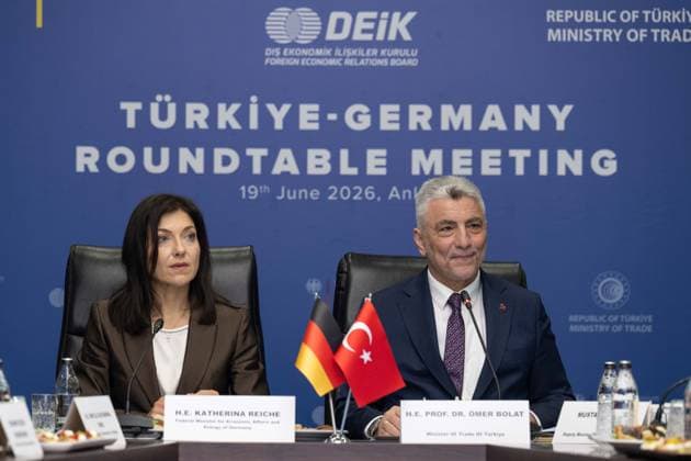 6th Term Meeting of the Turkiye-Germany JETCO held in Ankara ANKARA, TURKIYE - JUNE 19: Turkish Minister of Trade Omer Bolat (R) and German Minister for Economic Affairs and Energy Katherina Reiche (L) attend the 6th Term of the Turkiye-Germany Joint Economic and Trade Commission (JETCO) and roundtable meetings with business representatives from both countries, at the Turkish Ministry of Trade in Ankara, Turkiye, on June 19, 2026. Didem Mente Anadolu Ankara Turkey. Editorial use only. Please get in touch for any other usage.  Copyright: x2026xAnadoluxDidemxMentex