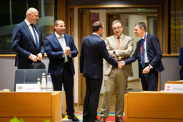 From left to right: Andris Kulbergs, Robert Abela, Emmanuel Macron, Bart De Wever and an unidentified person. European heads of state gathered on the second day of the European summit in the Belgian capital. - 19 06 2026 - Belgium Brussels Brussels -  NicolasxLandemardx xLexPictorium LePictorium_0336771