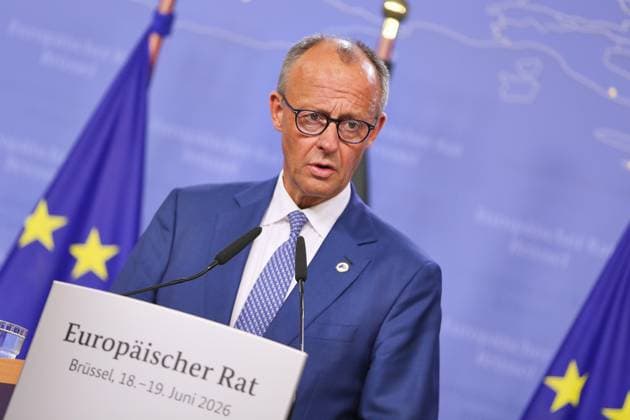 Brüssel, Belgien, 19.06.2026: Europa-Gebäude: EU-Gipfel: Bundeskanzler Friedrich Merz (CDU) auf einer Pressekonferenz zum Abschluss am Freitagnachmittag. *** Brussels, Belgium, June 19, 2026, at the Europa Building during the EU Summit Copyright: xdtsxNachrichtenagenturx dts_124072