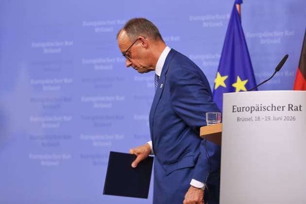 Brüssel, Belgien, 19.06.2026: Europa-Gebäude: EU-Gipfel: Bundeskanzler Friedrich Merz (CDU) auf einer Pressekonferenz zum Abschluss am Freitagnachmittag. *** Brussels, Belgium, June 19, 2026, at the Europa Building during the EU Summit Copyright: xdtsxNachrichtenagenturx dts_124074