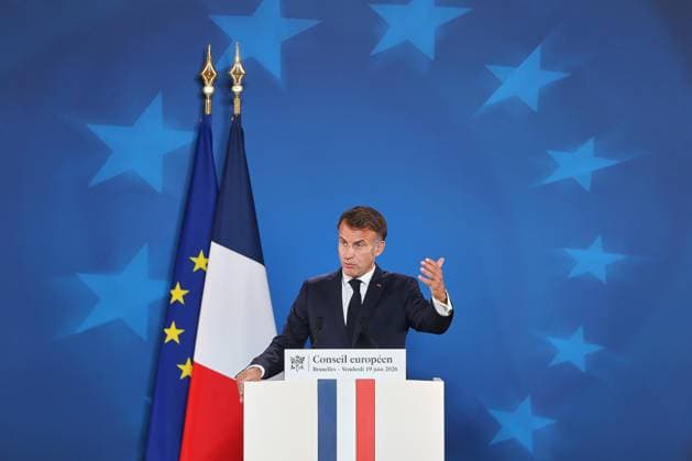 Brüssel, Belgien, 19.06.2026: Europa-Gebäude: EU-Gipfel: Frankreichs Präsident Emmanuel Macron auf einer Pressekonferenz zum Abschluss am Freitagnachmittag. *** Brussels, Belgium, June 19, 2026, at the Europa Building during the EU Summit Copyright: xdtsxNachrichtenagenturx dts_124076