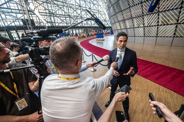 BRUSSELS - Prime Minister Rob Jetten speaks to the press following the conclusion of the second day of the European Council. The leaders of the EU countries are meeting to discuss, among other things, Ukraine and the Middle East. JONAS ROOSENS ANP netherlands out - belgium out  Copyright: xx x561432528x originalFilename: 561432528.jpg