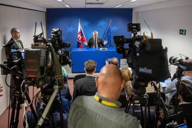 BRUSSELS - Prime Minister of the Republic of Slovakia Robert Fico speaks to the press following the conclusion of the second day of the European Council. The leaders of the EU countries are meeting to discuss, among other things, Ukraine and the Middle East. JONAS ROOSENS ANP netherlands out - belgium out  Copyright: xx x561432532x originalFilename: 561432532.jpg