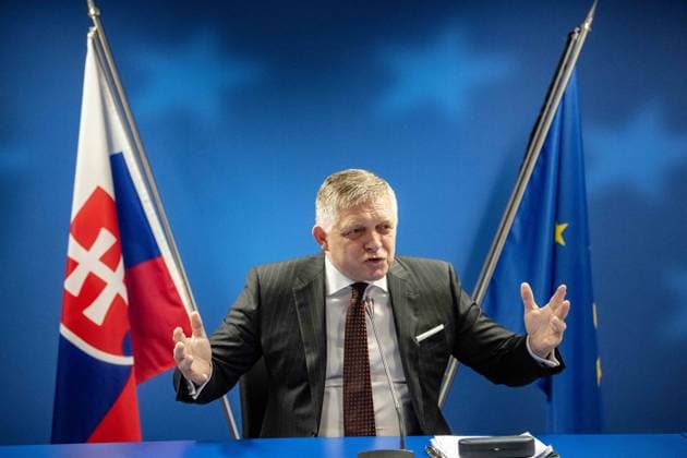 News Bilder des Tages BRUSSELS - Prime Minister of the Republic of Slovakia Robert Fico speaks to the press following the conclusion of the second day of the European Council. The leaders of the EU countries are meeting to discuss, among other things, Ukraine and the Middle East. JONAS ROOSENS ANP netherlands out - belgium out  Copyright: xx x561432537x originalFilename: 561432537.jpg