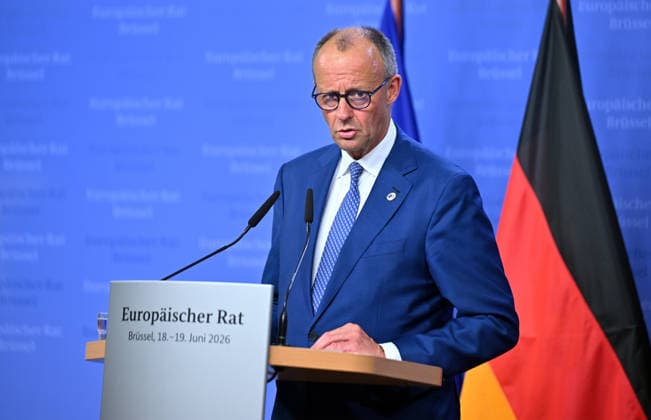 German Chancellor Merz holds press conference after EU Summit BRUSSELS, BELGIUM - JUNE 19: German Chancellor Friedrich Merz holds a press conference after the European Union Leaders Summit in Brussels, Belgium on June 19, 2026. Dursun Aydemir Anadolu Brussels Belgium. Editorial use only. Please get in touch for any other usage.  Copyright: x2026xAnadoluxDursunxAydemirx