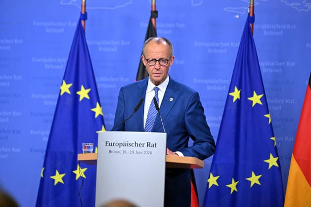 German Chancellor Merz holds press conference after EU Summit BRUSSELS, BELGIUM - JUNE 19: German Chancellor Friedrich Merz holds a press conference after the European Union Leaders Summit in Brussels, Belgium on June 19, 2026. Dursun Aydemir Anadolu Brussels Belgium. Editorial use only. Please get in touch for any other usage.  Copyright: x2026xAnadoluxDursunxAydemirx