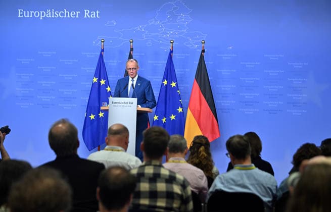 German Chancellor Merz holds press conference after EU Summit BRUSSELS, BELGIUM - JUNE 19: German Chancellor Friedrich Merz holds a press conference after the European Union Leaders Summit in Brussels, Belgium on June 19, 2026. Dursun Aydemir Anadolu Brussels Belgium. Editorial use only. Please get in touch for any other usage.  Copyright: x2026xAnadoluxDursunxAydemirx