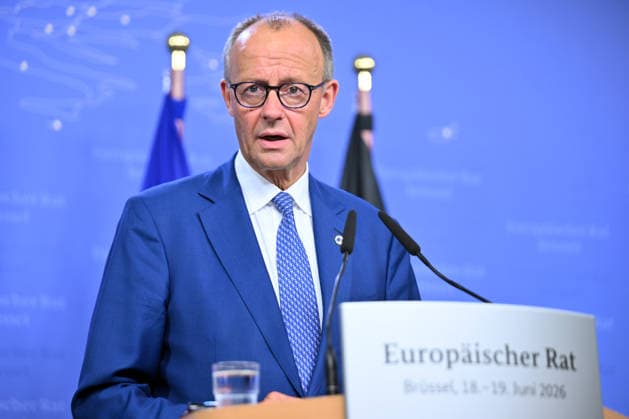 German Chancellor Merz holds press conference after EU Summit BRUSSELS, BELGIUM - JUNE 19: German Chancellor Friedrich Merz holds a press conference after the European Union Leaders Summit in Brussels, Belgium on June 19, 2026. Dursun Aydemir Anadolu Brussels Belgium. Editorial use only. Please get in touch for any other usage.  Copyright: x2026xAnadoluxDursunxAydemirx