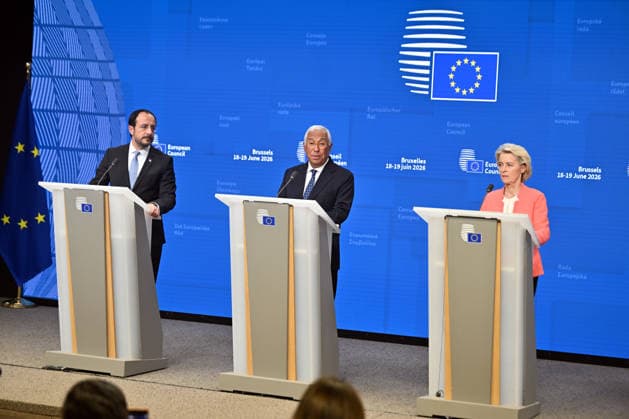EU leaders meeting in Brussels BRUSSELS, BELGIUM - JUNE 19: European Commission President Ursula von der Leyen, European Council President Antonio Costa, andLeader of the Government of the Republic of Cyprus and President of the EU Council Nikos Hristodulidis, hold a joint press conference following the European Union (EU) Leaders’ Summit in Brussels, Belgium on June 19, 2026. Dursun Aydemir Anadolu Brussels Belgium. Editorial use only. Please get in touch for any other usage.  Copyright: x2026xAnadoluxDursunxAydemirx