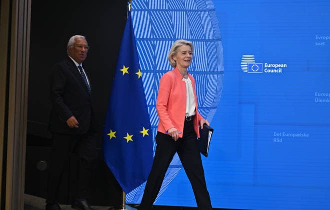 EU leaders meeting in Brussels BRUSSELS, BELGIUM - JUNE 19: European Commission President Ursula von der Leyen, European Council President Antonio Costa, andLeader of the Government of the Republic of Cyprus and President of the EU Council Nikos Hristodulidis, hold a joint press conference following the European Union (EU) Leaders’ Summit in Brussels, Belgium on June 19, 2026. Dursun Aydemir Anadolu Brussels Belgium. Editorial use only. Please get in touch for any other usage.  Copyright: x2026xAnadoluxDursunxAydemirx