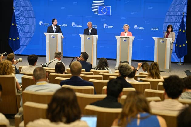 EU leaders meeting in Brussels BRUSSELS, BELGIUM - JUNE 19: European Commission President Ursula von der Leyen, European Council President Antonio Costa, andLeader of the Government of the Republic of Cyprus and President of the EU Council Nikos Hristodulidis, hold a joint press conference following the European Union (EU) Leaders’ Summit in Brussels, Belgium on June 19, 2026. Dursun Aydemir Anadolu Brussels Belgium. Editorial use only. Please get in touch for any other usage.  Copyright: x2026xAnadoluxDursunxAydemirx