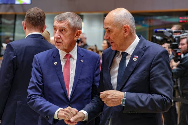 June 19, 2026, Brussels, Belgium, European Union: From L to R: ANDREJ BABIS, Prime Minister of Czechia, speaks with JANEZ JANSA, Prime Minister of Slovenia, inside the European Council ahead of the roundtable session on the second and final day of the summit in Brussels. Brussels European Union - ZUMAo116 20260619_znp_o116_061 Copyright: xBiancaxOterox