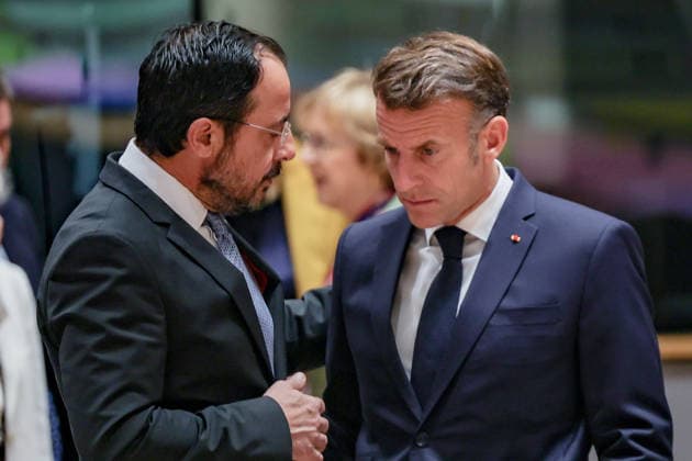 June 19, 2026, Brussels, Belgium, European Union: From L to R: NIKOS CHRISTODOULIDES, President of Cyprus, speaks with EMMANUEL MACRON, President of France, inside the European Council ahead of the roundtable session on the second and final day of the summit in Brussels. Brussels European Union - ZUMAo116 20260619_znp_o116_072 Copyright: xBiancaxOterox