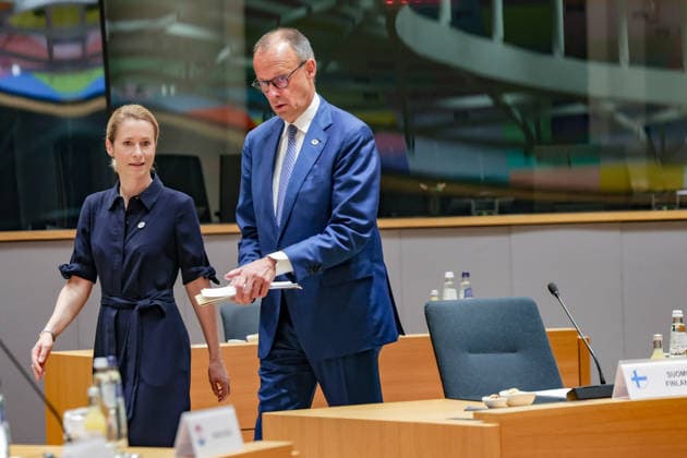 June 19, 2026, Brussels, Belgium, European Union: From L to R: KAJA KALLAS, High Representative of the European Union for Foreign Affairs and Security Policy and Vice-President of the European Commission, walks with FRIEDRICH MERZ, Federal Chancellor of Germany, inside the European Council ahead of the roundtable session on the second and final day of the summit in Brussels. Brussels European Union - ZUMAo116 20260619_znp_o116_105 Copyright: xBiancaxOterox