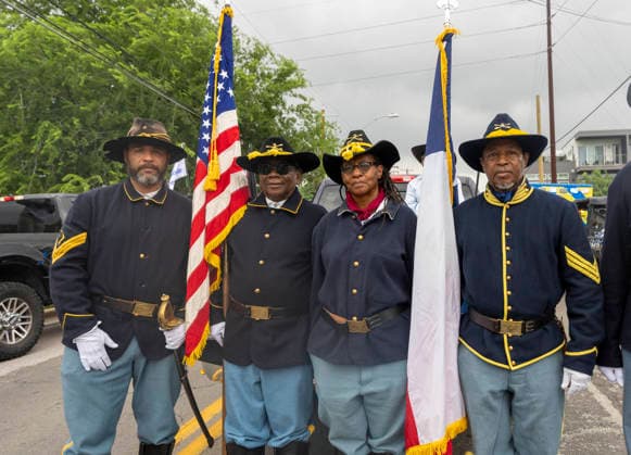 June 19, 2026, Austin, Tx, USA: Texas Buffalo Soldiers in uniform pose as Travis County celebrate the Juneteenth federal holiday June 19th, 2026 with a parade in east Austin drawing thousands of participants and spectators to a celebration with deep Texas roots. Juneteenth commemorates the end of slavery in the U.S. when Union troops arrived in Galveston, Texas on June 19, 1865 to announce the end of the Civil War. Austin USA - ZUMAd150 20260619_znp_d150_001 Copyright: xBobxDaemmrichx
