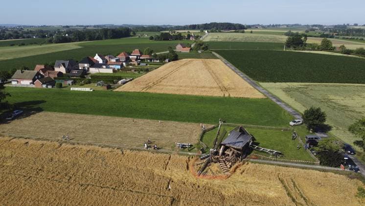 Aerial drone picture shows the historical Huisekouter mill in Kruisem blown away during last nights thunderstorm, Saturday 20 June 2026. Like many European countries, Belgium is experiencing an unusually hot spell for this time of year. The Belgian Royal Meteorological Institute (KMI) issued a code orange warning for heat and severe thunderstorms.  NICOLASxMAETERLINCK 178436543