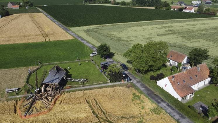 Aerial drone picture shows the historical Huisekouter mill in Kruisem blown away during last nights thunderstorm, Saturday 20 June 2026. Like many European countries, Belgium is experiencing an unusually hot spell for this time of year. The Belgian Royal Meteorological Institute (KMI) issued a code orange warning for heat and severe thunderstorms.  NICOLASxMAETERLINCK 178436563
