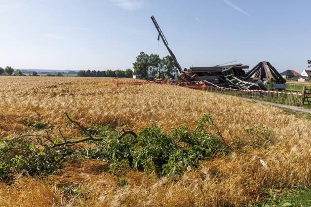 The historical Huisekouter mill in Kruisem is blown away during last nights thunderstorm, Saturday 20 June 2026. Like many European countries, Belgium is experiencing an unusually hot spell for this time of year. The Belgian Royal Meteorological Institute (KMI) issued a code orange warning for heat and severe thunderstorms.  NICOLASxMAETERLINCK 178437014