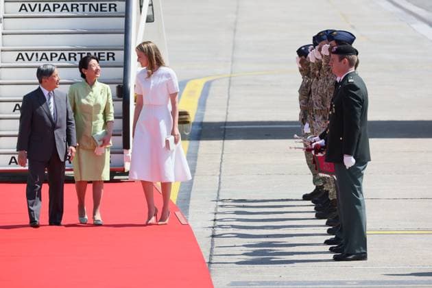 Crown Princess Elisabeth welcomes Japanese Emperor Naruhito and Japanese Empress Masako upon their arrival at Melsbroek military airport for an official state visit of the Japanese Emperor and Empress to Belgium, on Saturday 20 June 2026, in Brussels. The Emperor and Empress of Japan visit Belgium from June 20-25.  BENOITxDOPPAGNE 178441050