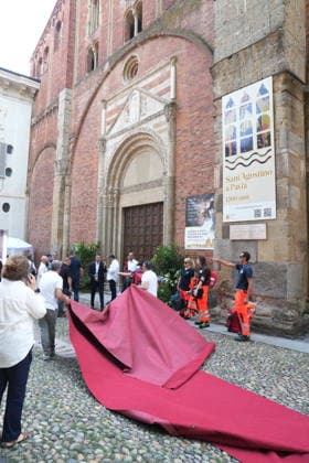 IPA85876775 - Pavia, June 20, 2026—Everything is ready for Pope Leo XIV’s arrival in Pavia; pictured here in front of the Basilica of Sant’Pietro in Cel D’Oro  Copyright: xDuilioxPiaggesix xDuilioxPiaggesix 85876775