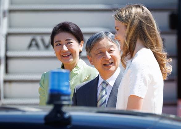 Japanese Empress Masako, Japanese Emperor Naruhito and Crown Princess Elisabeth pictured during the arrival at Melsbroek military airport for an official state visit of the Japanese Emperor and Empress to Belgium, on Saturday 20 June 2026, in Brussels. The Emperor and Empress of Japan visit Belgium from June 20-25.  BENOITxDOPPAGNE 178447130