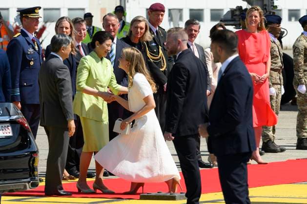 State Visit Of The Emperor And The Empress Of Japan To Belgium MELSBROEK, BELGIUM - JUNE 20: Princess Elisabeth pictured welcoming emperor Naruhito and the empress Masako Owada of Japan at their descent of the airplane on June 20, 2026 in Melsbroek, Belgium, 20 06 2026 Melsbroek Belgium  Copyright: xPhilipxReynaersx
