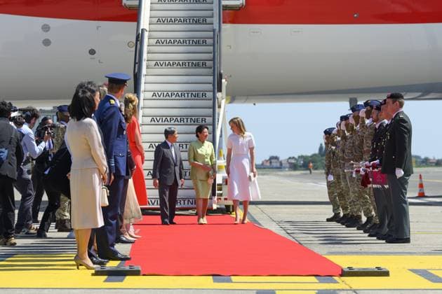 Crown Princess Elisabeth welcomes Japanese Emperor Naruhito and Japanese Empress Masako upon the arrival at Melsbroek military airport for an official state visit of the Japanese Emperor and Empress to Belgium, on Saturday 20 June 2026, in Brussels. The Emperor and Empress of Japan visit Belgium from June 20-25.  POOLxPHILIPxREYNAERS 178450938
