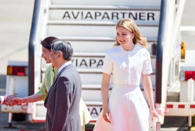 Crown Princess Elisabeth Welcomes Japanese Emperor and Empress - Brussels Emperor Naruhito of Japan and his wife, Empress Masako are welcomed by Princess Elisabeth of Belgium upon their arrival at Melsbroek airport in Brussels, Belgium, 20 June 2026. The Japanese imperial majesties are on a state visit to Belgium. This year, Belgium and Japan celebrate 160 years of diplomatic relations. This state visit is therefore the opportunity to confirm the close ties between the two countries, which are also reflected in the special bond between the Belgian royal family and the Japanese imperial family Photo by Olivier Polet ABACAPRESS.COM Brussels Belgium  Copyright: xPoletxOlivier ABACAx