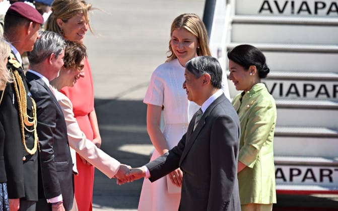 Japanese Emperor Naruhito and Empress Masako visit Belgium BRUSSELS, BELGIUM - JUNE 20: Japanese Emperor Naruhito and Empress Masako are welcomed by Princess Elisabeth of Belgium and officials upon their arrival at Melsbroek Military Airport in Brussels, Belgium, on June 20, 2026, during a state visit marking the 160th anniversary of diplomatic relations between Japan and Belgium. Dursun Aydemir Anadolu Brussels Belgium. Editorial use only. Please get in touch for any other usage.  Copyright: x2026xAnadoluxDursunxAydemirx