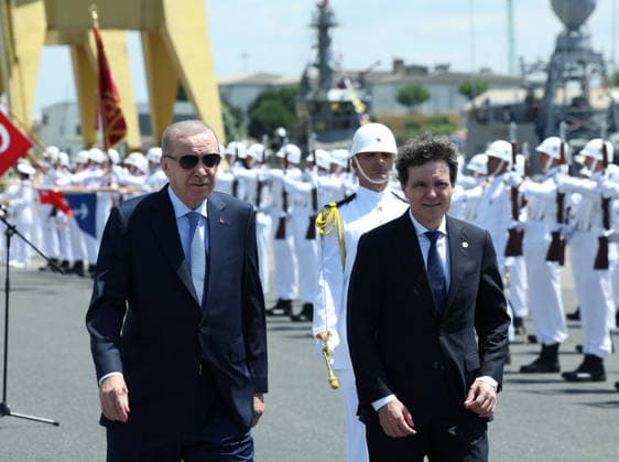Turkish President Recep Tayyip Erdogan ISTANBUL, TURKIYE - JUNE 20: (----EDITORIAL USE ONLY - MANDATORY CREDIT - TURKISH PRESIDENCY MUSTAFA KAMACI HANDOUT - NO MARKETING NO ADVERTISING CAMPAIGNS - DISTRIBUTED AS A SERVICE TO CLIENTS----) Turkish President Recep Tayyip Erdogan and Romanian President Nicusor Dan attend the Ceremony for Delivery of Cam. Roman Offshore Patrol Vessel to Romanian Naval Forces, and for Commissioning and Flag-Raising of Turkish Naval Forces’ Platforms at Istanbul Shipyard Command in Istanbul, Turkiye on June 20, 2026. Turkish Presidency Mustafa Kamaci Handout Anadolu Istanbul Turkey. Editorial use only. Please get in touch for any other usage.  Copyright: x2026xAnadoluxTurkishxPresidencyx xMustafaxKamacix xHandoutx
