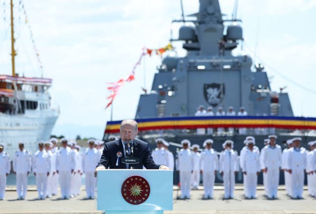 Turkish President Recep Tayyip Erdogan ISTANBUL, TURKIYE - JUNE 20: (----EDITORIAL USE ONLY - MANDATORY CREDIT - TURKISH PRESIDENCY MUSTAFA KAMACI HANDOUT - NO MARKETING NO ADVERTISING CAMPAIGNS - DISTRIBUTED AS A SERVICE TO CLIENTS----) Turkish President Recep Tayyip Erdogan makes a speech during the Ceremony for Delivery of Cam. Roman Offshore Patrol Vessel to Romanian Naval Forces, and for Commissioning and Flag-Raising of Turkish Naval Forces’ Platforms at Istanbul Shipyard Command in Istanbul, Turkiye on June 20, 2026. Turkish Presidency Mustafa Kamaci Handout Anadolu Istanbul Turkey. Editorial use only. Please get in touch for any other usage.  Copyright: x2026xAnadoluxTurkishxPresidencyx xMustafaxKamacix xHandoutx