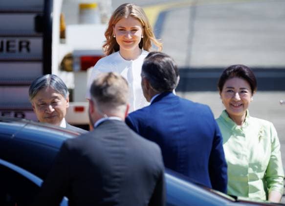 Japanese Emperor Naruhito, Crown Princess Elisabeth and Japanese Empress Masako pictured during the arrival at Melsbroek military airport for an official state visit of the Japanese Emperor and Empress to Belgium, on Saturday 20 June 2026, in Brussels. The Emperor and Empress of Japan visit Belgium from June 20-25.  BENOITxDOPPAGNE 178458938