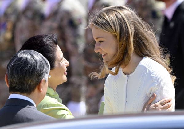 Japan s imperial couple arrive in Belgium Japan s Emperor Naruhito and Empress Masako are greeted by Belgium s Crown Princess Elisabeth (R) upon arriving at Melsbroek Air Base near Brussels on June 20, 2026, on the second leg of their official trip to the Netherlands and Belgium. (Pool photo)  A14AA0005619546P