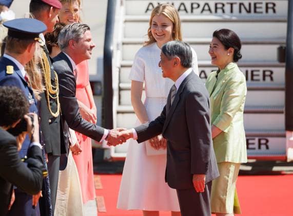 State Visit Of The Emperor And The Empress Of Japan To Belgium Ambassador of Belgium to Japan, Antoine Evrard,Crown Princess Elisabeth, Japanese Emperor Naruhito and Japanese Empress Masako pictured during the arrival at Melsbroek military airport for an official state visit of the Japanese Emperor and Empress to Belgium, on Saturday 20 June 2026, in Brussels. The Emperor and Empress of Japan visit Belgium from June 20-25. BELGA PHOTO BENOIT DOPPAGNE Melsbroek Belgium  Copyright: xBenoitxDoppagnex