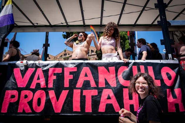 June 20, 2026, Rome, Rm, Italy: Tens of thousands of people take part in the 32nd edition of the Pride Parade in the streets of Rome. Fuck you pro-life reads the banner Rome Italy - ZUMAg256 20260620_znp_g256_035 Copyright: xMarcoxDixGianvitox