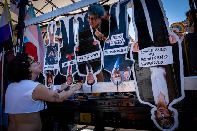 June 20, 2026, Rome, Rm, Italy: Tens of thousands of people take part in the 32nd edition of the Pride Parade in the streets of Rome. Cardboard cutouts with the images of Rowling, Trump, Musk, Netanyahu and Bongiorno are attached upside down to one of the floats participating in the parade. Rome Italy - ZUMAg256 20260620_znp_g256_041 Copyright: xMarcoxDixGianvitox