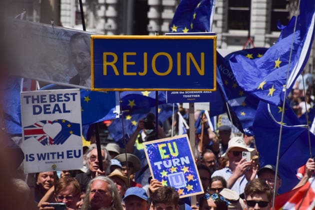 National Rejoin March on the tenth anniversary of the Brexit referendum in London, UK - 20 Jun 2026 Protesters pass near Waterloo station with EU flags and pro-EU placards during the National Rejoin March, calling on the UK government to rejoin the European Union on the tenth anniversary of the Brexit referendum. London United Kingdom Copyright: xVukxValcicx xSOPAxImagesx VukValcicNationalRejoinMarch200626_52