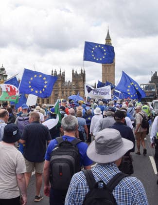 National Rejoin March on the tenth anniversary of the Brexit referendum in London, UK - 20 Jun 2026 Protesters pass across Westminster Bridge with EU flags during the National Rejoin March, calling on the UK government to rejoin the European Union on the tenth anniversary of the Brexit referendum. London United Kingdom Copyright: xVukxValcicx xSOPAxImagesx VukValcicNationalRejoinMarch200626_68