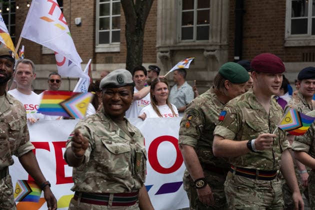 June 20, 2026, Essex, United Kingdom: Soldiers in military uniforms march with rainbow flags during the Essex Pride. Essex Pride is a celebration of lesbian, gay, bisexual and transgender life in Essex and beyond, led by Cheryl Hole, also known as Cheryl the Queen. Essex United Kingdom  - ZUMAs197 20260620_aaa_s197_112 Copyright: xIanxDavidsonx